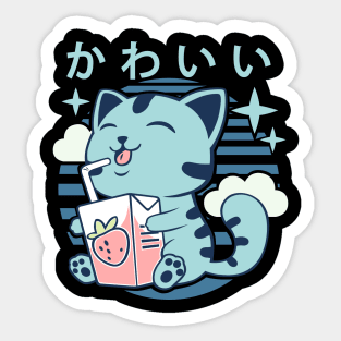 Kawaii Aesthetics Japanese Strawberry Milk Shake かわいい Cat - Blue - Strawberry Milk Sticker